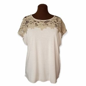 OSO Casuals Beige Striped Lace Embellished Short Sleeve Top Woman Size 1X